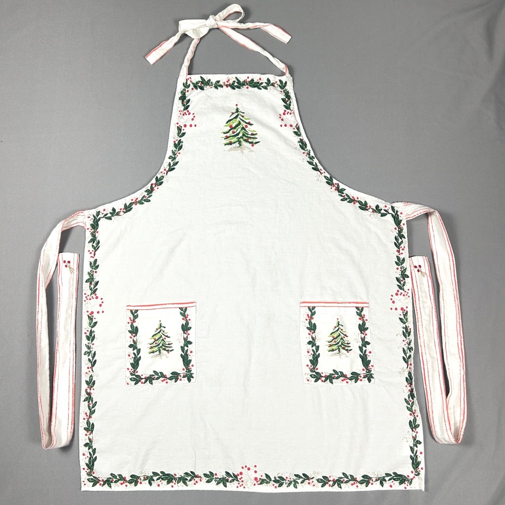 Sur La Table Christmas Apron White Cotton Tree Holly Print 29x36 Holiday Festive